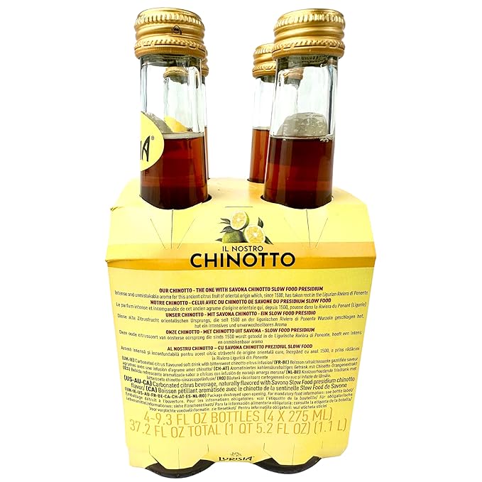 Lurisia Chinotto Italian Soda 4 x 9.3 Fl Oz (275ml) - Cola - Carbonated Sparkling Juice from Chinotto - Citrus Soft Drink - Non-Alcoholic Bitter Aperitif - Myrtle Leaf Orange Tree - Chinotto di Liguri