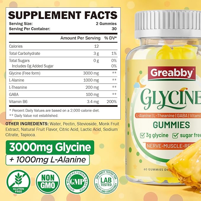 Glycine 3g Gummies with L-Alanine 1000mg L Theanine GABA Vitamin B6 Nerve Muscle Relaxation High Absorption Glycine Supplements for Adults Sugar Free Pineapple Flavor 60 Gummies