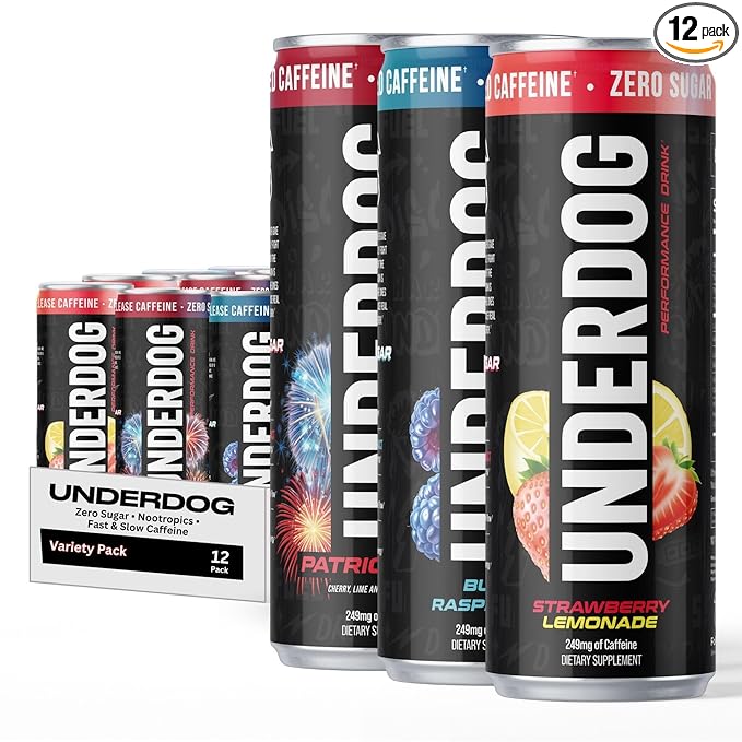 Underdog Performance Energy Drink Variety Nootropics Green Tea Extract Citrulline Clean Sugar Free Fast &amp Slow Release 249mg Caffeine per Serving No Artificial Additives 12 Pack