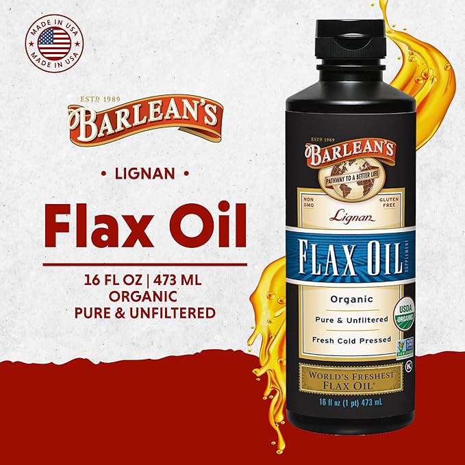 Barlean's Organic Lignan Omega 3 Flaxseed Oil Liquid Supplement for Men and Women Cold Press Flax Seeds 7230mg ALA Fatty Acid Vegan and Gluten Free 16 oz