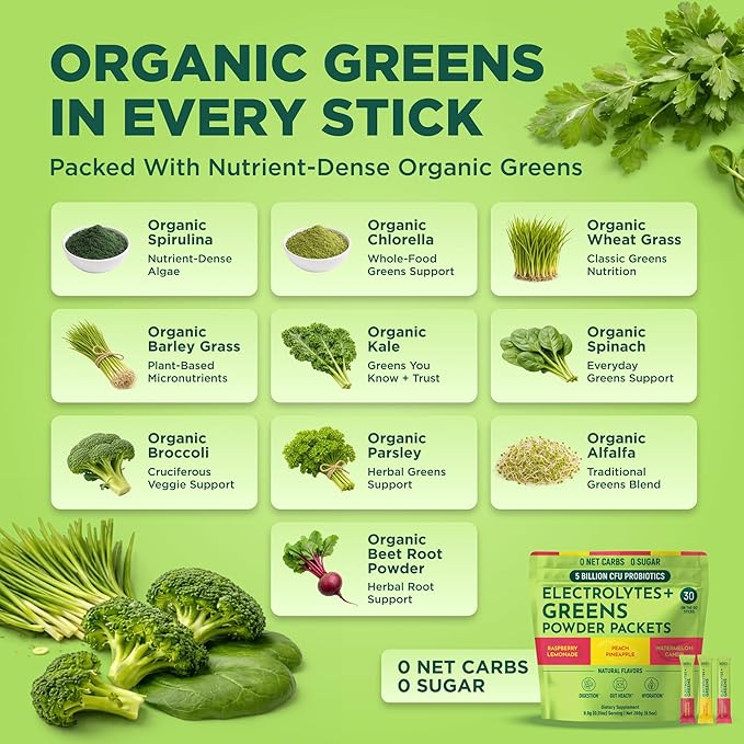 Keto Vitals Keto Electrolytes Plus Greens Superfood Powder Packets - 30 Servings Super Greens Powder Packets with Sugar Free Electrolytes for Hydration Gut Health &amp Digestion - Green Drink Mix