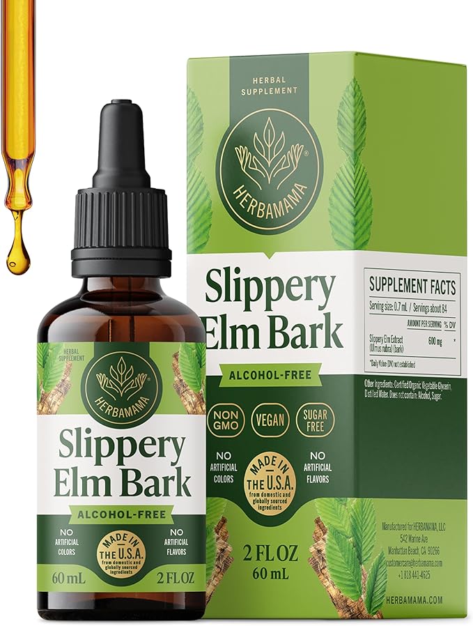 HERBAMAMA Slippery Elm Liquid Drops - Vegan Respiratory &amp Digestive Support with Slippery Elm Bark Extract - Non-GMO Alcohol &amp Sugar-Free Supplement Tincture 28-Day Supply