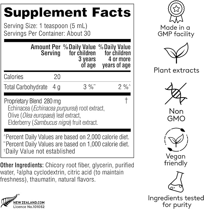Children's Immune + Wellbeing Herbal Syrup Daily Immunity with Elderberry Echinacea &amp Olive Leaf High Absorption Elderberry Flavor Plant-Based - 5.1 Fl oz (30 Servings)