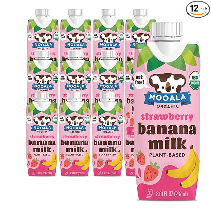 Mooala - Organic Strawberry Bananamilk Lunchbox Friendly Shelf-Stable Non-Dairy Nut-Free Plant-Based Beverage On the Go 12 Pack