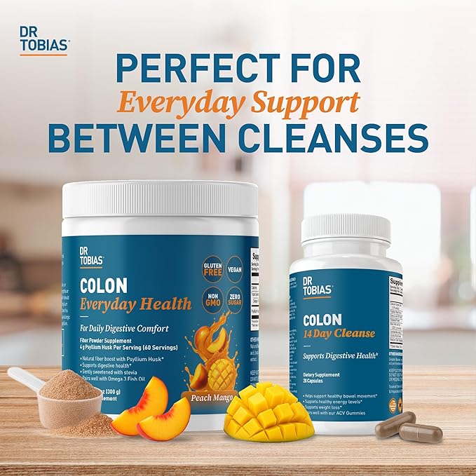 Dr. Tobias Colon Everyday Health - Gut Health for Women &amp Men - Psyllium Fiber Powder Drink with 4g Psyllium Husk Powder per Serving Vegan Gluten Free Non-GMO Peach Mango 60 Servings