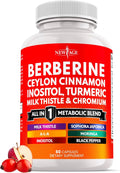 Berberine and Ceylon Cinnamon Supplement - Bitter Melon Glucomannan Gymnema Sylvestre Chromium Moringa Milk Thistle Turmeric Inositol Pills - 60 Count
