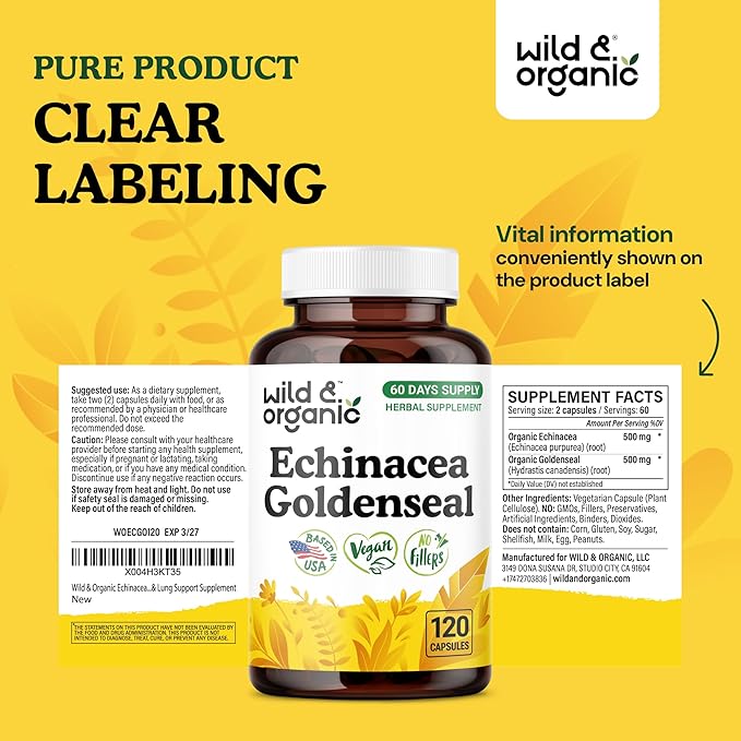 Wild &amp Organic Echinacea Goldenseal Capsules - Immune &amp Lung Support - Echinacea Complex Supplement - Hydrastis Canadensis &amp Purpurea - Vegan No Fillers Non-GMO - 120 Count