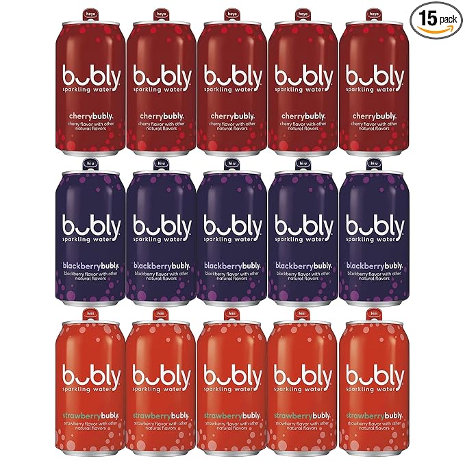 BEEQ- (Pack of) bubly Sparkling Water Berry Bliss Sampler 12 fl oz. Cans Multi Flavor Soft Drink Bundle | Assortment Soda Refrigerator Restock Kit of Soda (Variety 15 Pack)