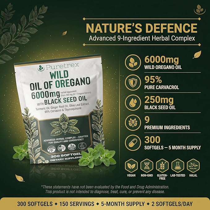 Wild Oil of Oregano 6000mg with Black Seed Turmeric &amp Ginger – 300 Softgels | 95% Carvacrol &amp Thymoquinone | Immune Gut &amp Respiratory Support | High-Potency Herbal Complex – Vegan &amp