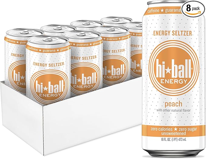 Hiball Clean Energy Seltzer Water Caffeinated Sparkling Water Made with Vitamin B12 and Vitamin B6 Sugar Free (8 pack of 16 Fl Oz) Peach