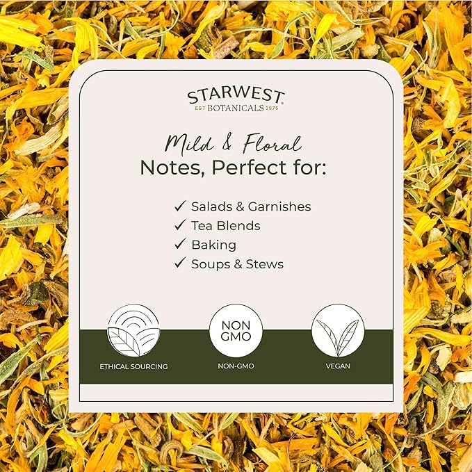 Starwest Botanicals Organic Dried Calendula Flowers - Natural Loose Leaf Herb for Tea &amp Culinary Use Herbal Calendula Petals Caffeine Free Certified Kosher Non-GMO - Bulk 1 lb Bag