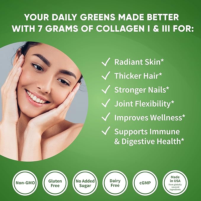 Health Logics Glowing Greens Superfood Powder with Collagen Peptides Digestive Enzymes Prebiotics and Probiotics – Antioxidant Improve Wellness Immune Digestive and Gut Health Support