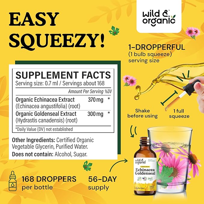 Wild &amp Organic Echinacea Goldenseal Tincture - Immune Support Drops with Echinacea and Goldenseal Root Extract - Vegan Sugar &amp Alcohol-Free Liquid Supplement - 4 fl oz