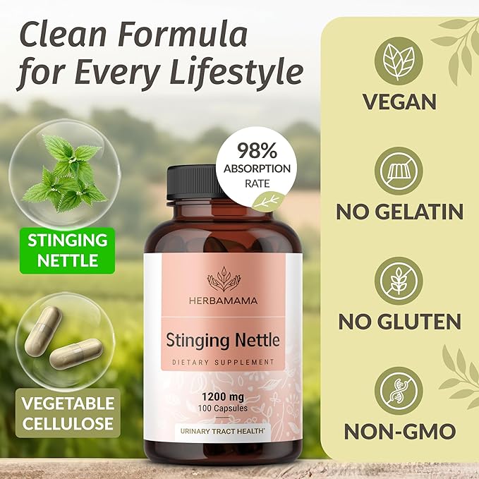 HERBAMAMA Stinging Nettle Capsules - 1200mg Stinging Nettle Root Extract for Urinary Tract Support - Vegan Non-GMO Urtica Dioica Supplement