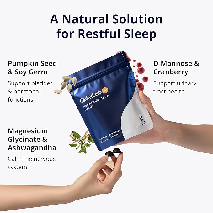 QuietLab N1 Nighttime Bladder Support Gummies - Helps Reduce Nighttime Bathroom Trips for Men &amp Women - Pumpkin Seed D-Mannose Ashwagandha for Sleep &amp Bladder Control - Strawberry Flavor (60