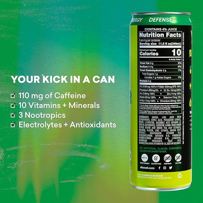 EBOOST SUPER FUEL Healthy Energy Drink - Ginger Lime: 12 Healthy Energy Drinks - Focus &amp Productivity - 110 mg Caffeine + Nootropics &amp Electrolytes - No Sucralose Taurine Artificial Flavors
