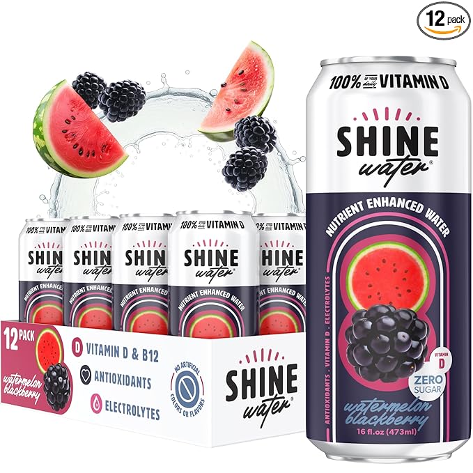 Shine Water Watermelon Blackberry Vitamin D Electrolyte Drinks 12-Pack Sugar Free Flavored Water with Magnesium Zinc &amp Antioxidants Low Calorie Hydration Beverage Plant-Based Vitamin Water Zer