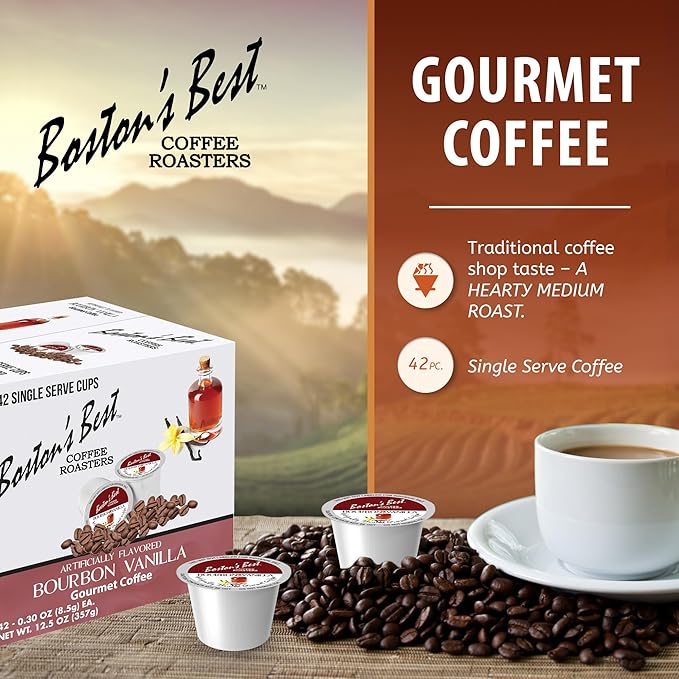 Boston’s Best - Bourbon Vanilla Coffee Blend Tasty Flavored Blend Gourmet Compatible with Keurig Coffee Maker 1 Count (42 Single Serve Medium Roast Cups)