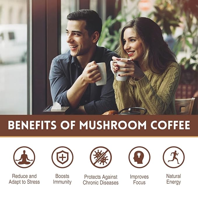 Premium Blend USDA Certified Organic Ground Mushroom Coffee - No Sugars or Sweeteners Lion's Mane Chaga Cordyceps and more - Nootropic Concentration blend for sharper focus memory and immunity