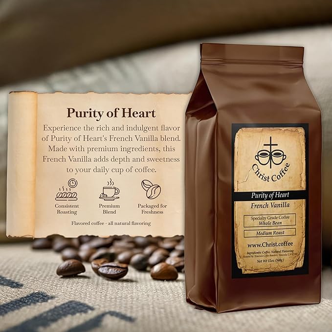 Christ Coffee Purity of Heart French Vanilla Whole Bean | Smooth and Creamy Flavor Perfect for Daily Brew | Freshly Roasted Rich Aroma 12 oz Bag