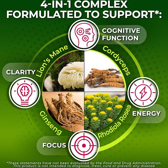 Organic Lion's Mane Supplement Capsules - Contains Naturally Occurring Beta Glucans &amp Polysaccharides Enhanced with Organic Energy &amp Focus Support Blend: Cordyceps Rhodiola Rosea Ginseng 1