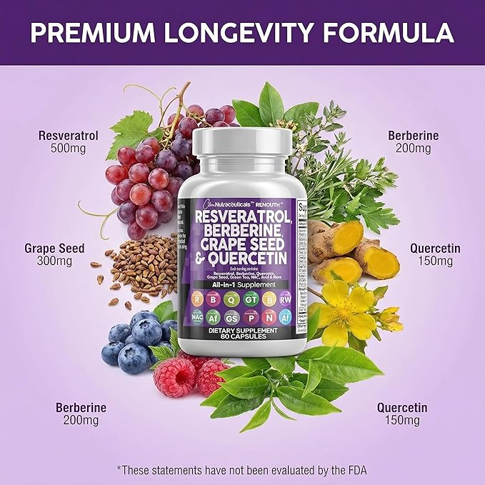 Clean Resveratrol Supplement | Berberine Grape Seed Extract Quercetin Green Tea Extract Acai Noni Polyphenol Supplement for Women &amp Men N-Acetyl Cysteine
