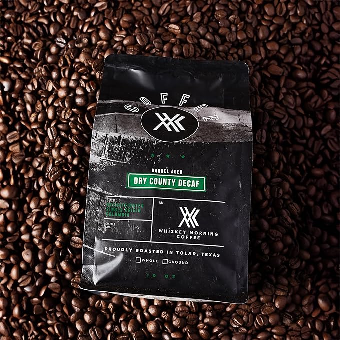 Whiskey Morning Coffee Bourbon Barrel Aged Whiskey Decaf Ground Coffee Medium Roast 100% Arabica Specialty Grade Non-Alcoholic Whiskey Infused Small Batch Texas Roasted 10 oz Bag