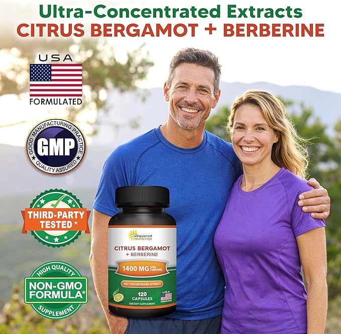 aSquared Nutrition Citrus Bergamot with Berberine Supplement - 1400mg Per Serving Max Strength Complex - 120 Capsules - Supports Cardiovascular Health - Pills Alternative to Gummies &amp Liquid Drops