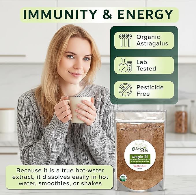 Dimmak Herbs Organic Astragalus Root Extract 10:1 Powder (Ultra Potent Immune Tonic)- TCM Doctor Sourced Huang Qi for Vitality Telomere Support &amp Jing- No Cooking Needed Instant Tea (4oz)