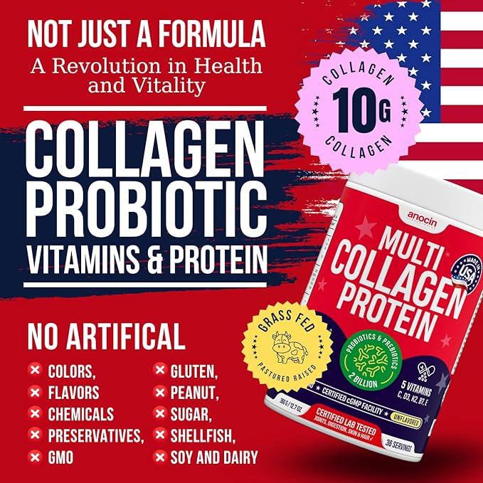 Multi Collagen Peptides w/Prebiotic + Probiotics + Type I II III V X + Hydrolyzed Collagen Powder w/Vitamin C+D3+B7+K2+E Hyaluronic Acid Supports Skin Hair Nail Joint Grass-Fed Non-GMO (2)
