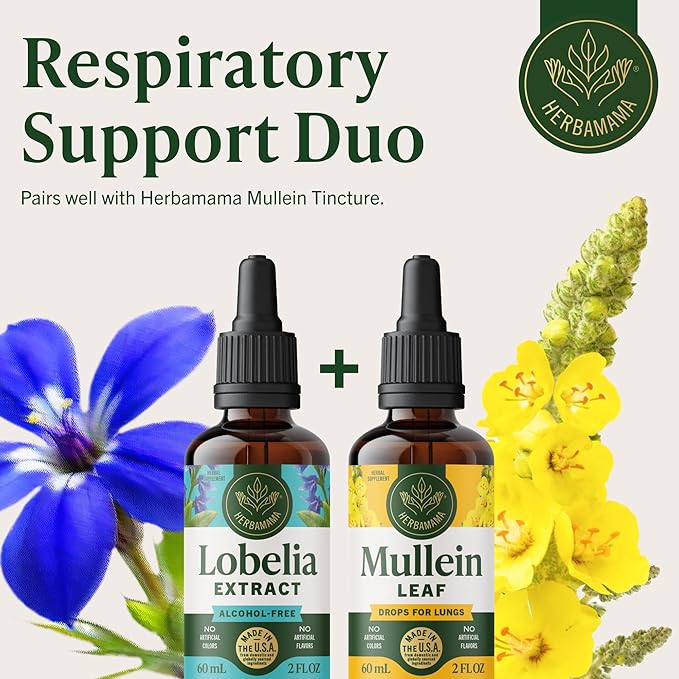 HERBAMAMA Lobelia Tincture - Vegan Lobelia Leaf Extract for Lung Detox &amp Cleanse - Respiratory Lung Support Drops - Non-GMO Alcohol &amp Sugar-Free Respiratory Support Supplement