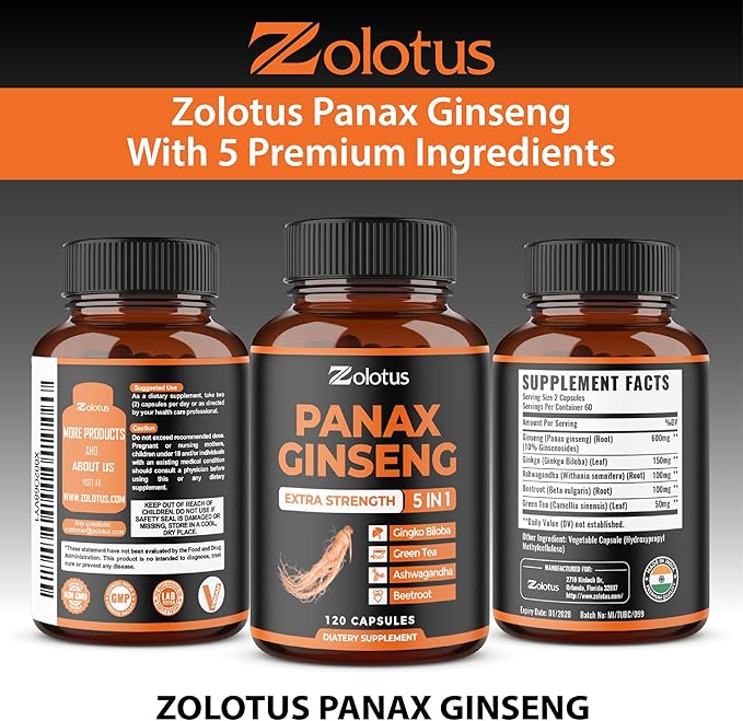 Zolotus Korean Red Panax Ginseng + Ginkgo Biloba Ashwagandha Beetroot Green Tea - 120 Capsules (Pack of 2)