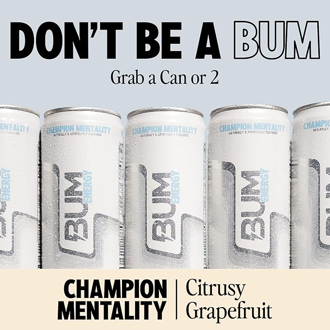 BUM Sugar-Free Energy Drink Champion Mentality - Lightly Carbonated &amp No Artificial Colors Natural Caffeine &amp Citicoline for Energy &amp Focus Brain Boost &amp Workout Sports Beverage - 1