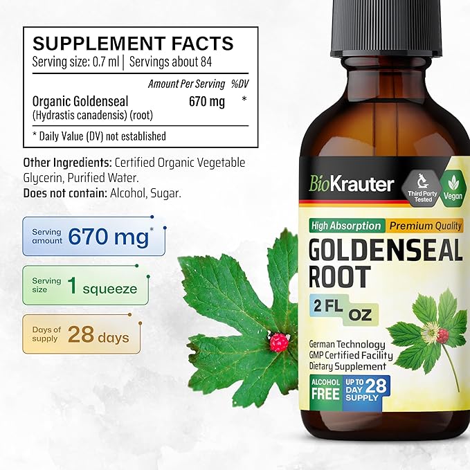 BIO KRAUTER® Goldenseal Root - Pure Vegan Goldenseal Tincture 670mg per Serving 2 Fl.Oz 28-Day Supply - Immune &amp Respiratory Support - Liquid Golden Seal for Digestive Support - Alcohol &amp Suga