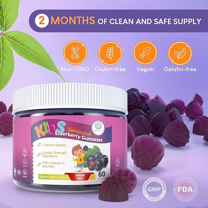 Sugar-Free Kids Elderberry Gummies with Vitamin C &amp Zinc – Daily Immune Support Supplement for Children Sambucus Antioxidant Vegan 60 Ct