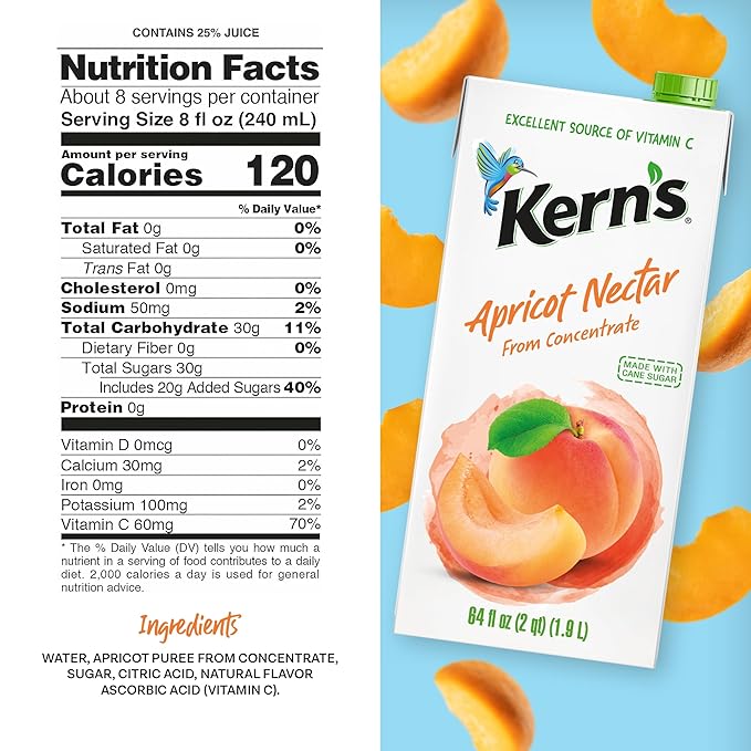 Kern’s Apricot Nectar Juice - Made with Fresh Fruit Puree &amp Apricot Juice Concentrate for Smoothie Mix Cocktail Mixers Kids Drink &amp Beverages - 64oz 8 Pack Carton