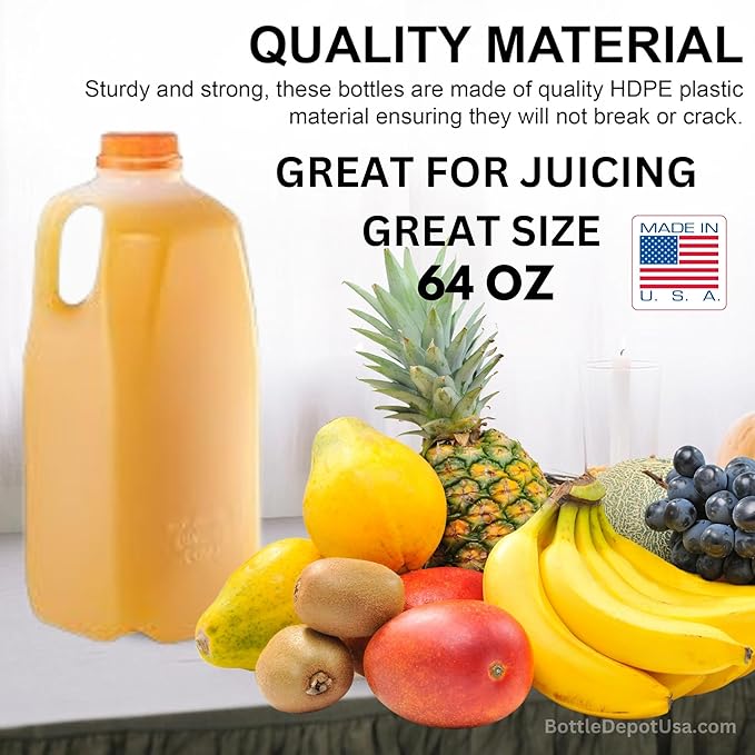 64 Oz Empty Juice Bottles (Pack Of 12 x 64 Oz Ea) With Orange Tamper Evident Screw Caps – Great for Homemade Juices Milk Smoothies Tea and Other Beverages - Food Grade BPA Free