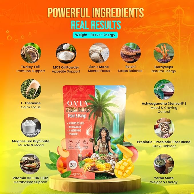 OVIA Yerba Mate Tea Instant Powder for Weight Loss with Vitamin D3 &amp B12 and Lion’s Mane – Prebiotics &amp Probiotics for Clean Energy Focus &amp Digestive Support | Zero Sugar - Peach Mango - 3
