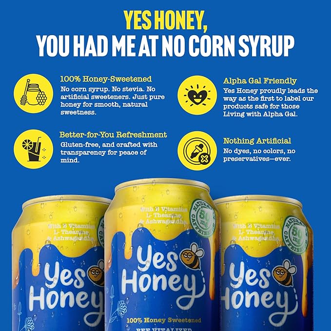 Yes Honey Sparkling Berry Tea 11oz (12-Cans) 100% Honey-Sweetened Functional Tea Alpha Gal Friendly With Green Tea Caffeine B Vitamins &amp Ashwagandha