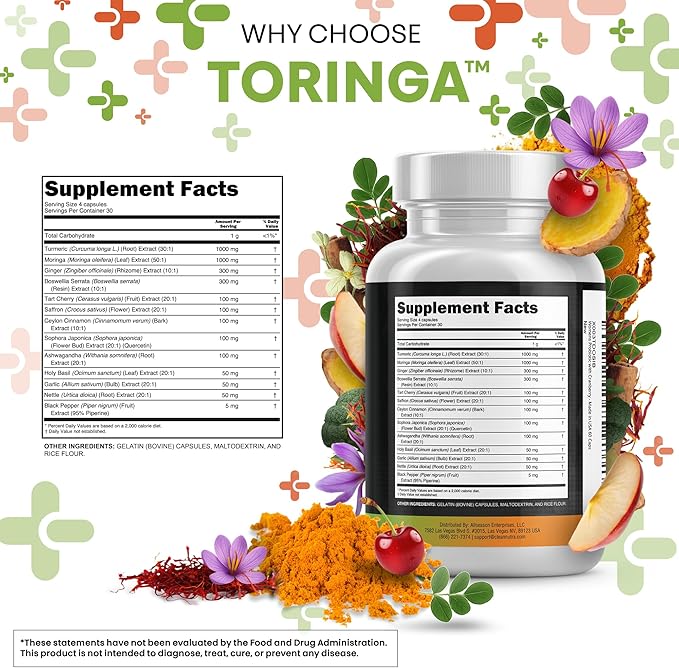Turmeric Moringa Supplement | Ginger Boswellia Saffron - Supplement for Women and Men with Ceylon Cinnamon Tart Cherry Quercetin Garlic Nettle Holy Basil - 3Pack