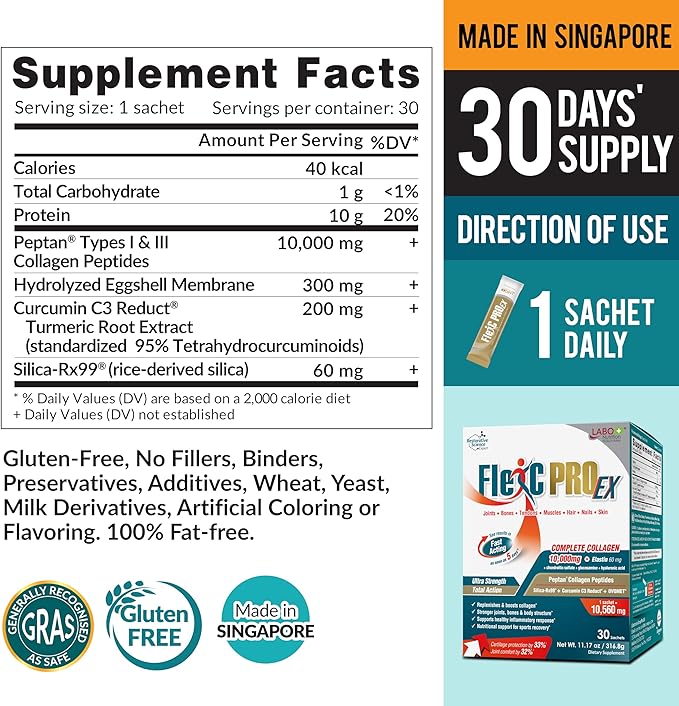 LABO Nutrition FlexC PRO EX Full Spectrum Collagen Type I III V &amp X Peptan Collagen Eggshell Membrane Water Soluble Silica &amp Curcumin C3 Reduct for Hair Skin Nails Joint Bones Mus