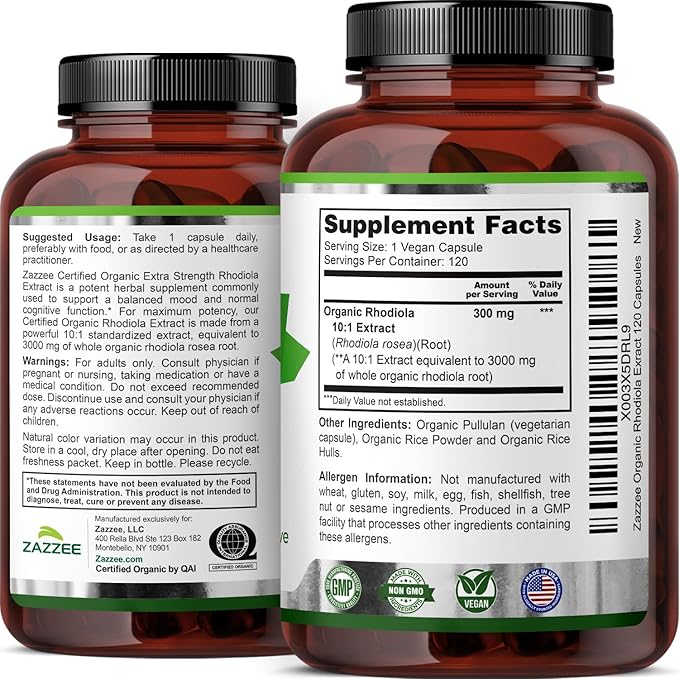 Zazzee USDA Organic Rhodiola 10:1 Extract 120 Capsules 4 Month Supply Rhodiola Rosea Energy Stress &amp Mental Focus Support Concentrated 10X Extract All-Natural Non-GMO Made in the USA