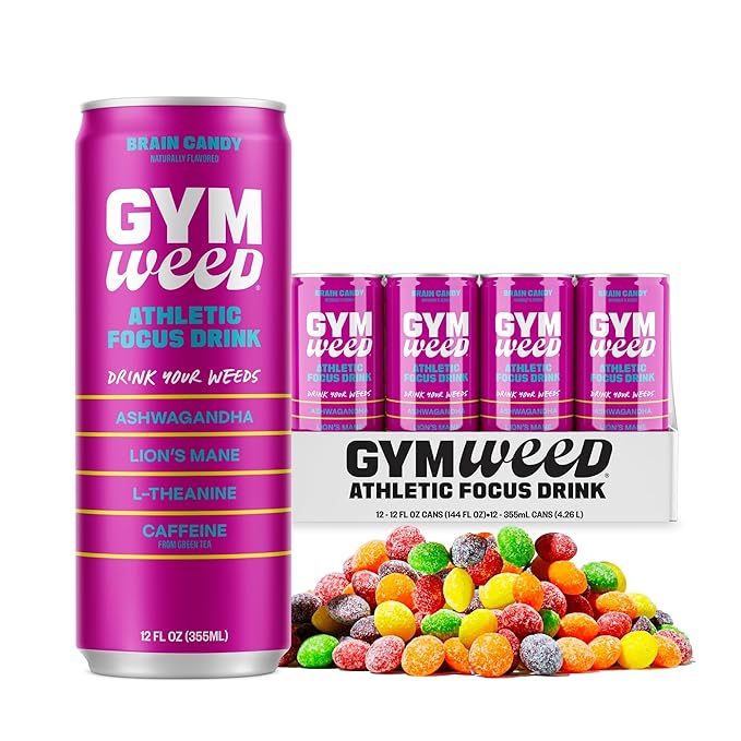 GYM WEED Athletic Focus Drink with KSM-66 Ashwagandha Lion's Mane Mushroom L-Theanine 200mg Green Tea Caffeine with Natural Sweeteners Brain Candy Flavor 12 Pack