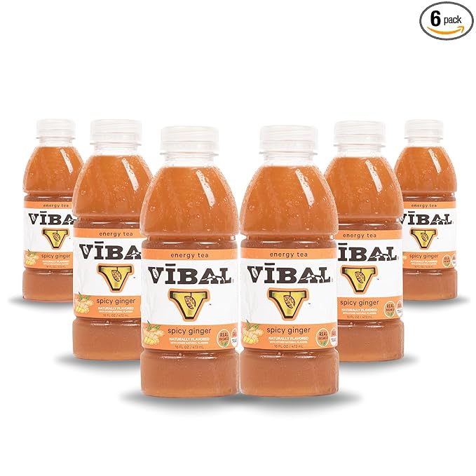 VIBAL ENERGY TEA Spicy Ginger 16 Fl Oz 6-Pack Natural Energy High Caffeine Ginseng Theanine Low Sugar Low Carb Low Calorie Adaptogens Nootropics