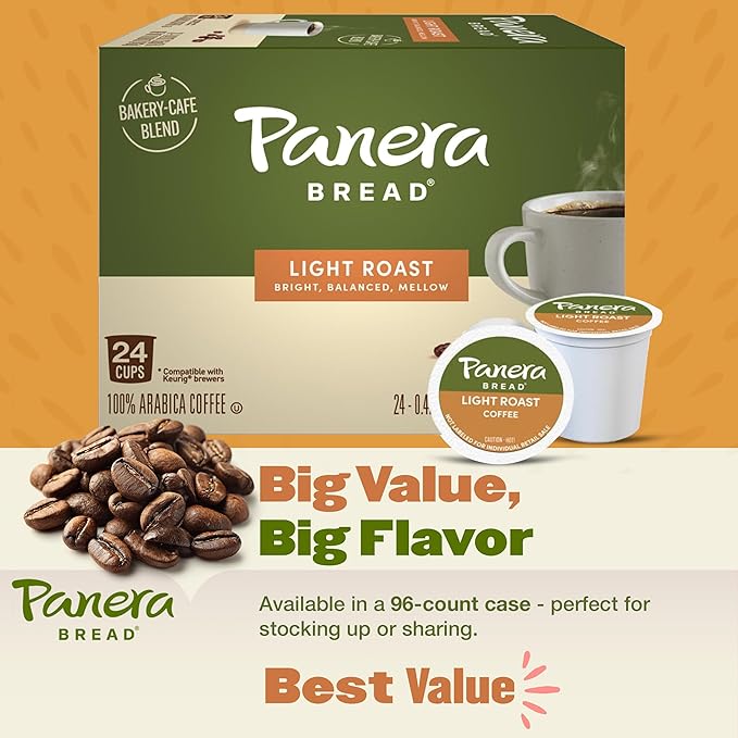 Panera Bread Light Roast Coffee Pods 100% Arabica Coffee Keurig Compatible Cups Breakfast Blend Single Serve Pods Smooth &amp Balanced Kosher Certified 96 Single Serve Pods (4 Packs of 24)