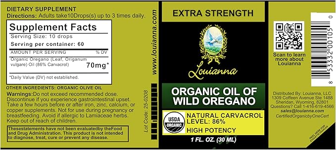 Louianna - Organic Wild Oregano Oil Pure Oil of Oregano Drops with 80 Percent Carvacrol for Oral or Topical Use 30 mL