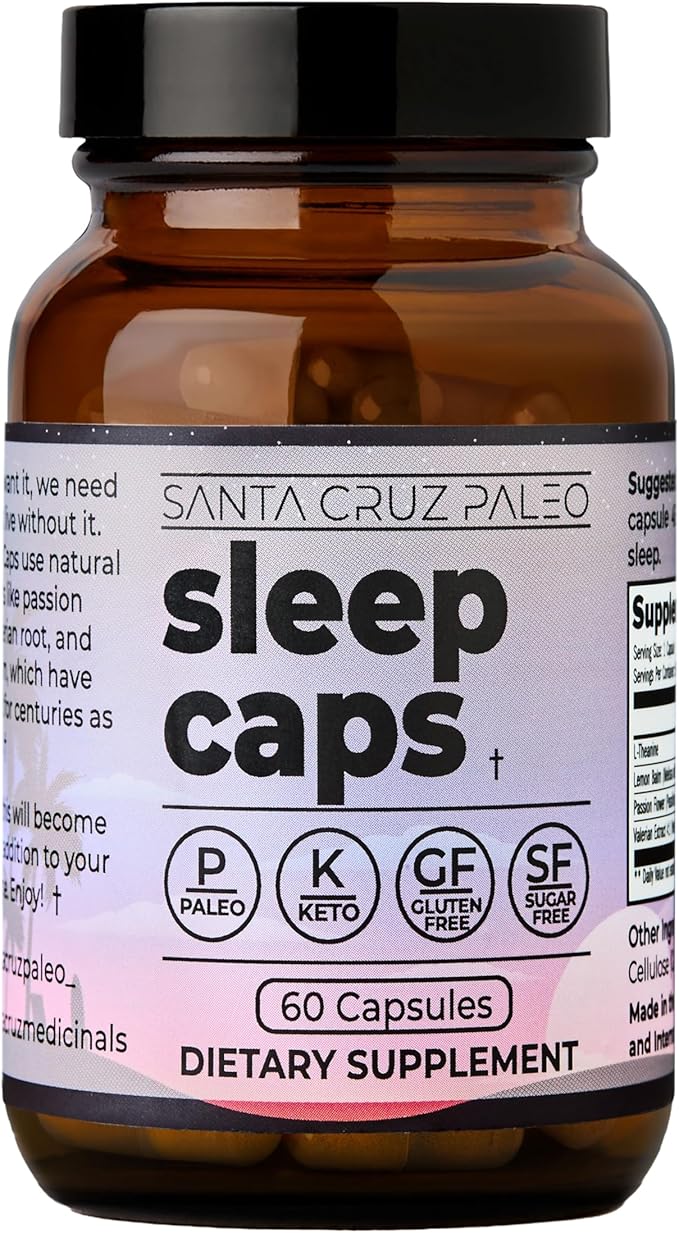 Santa Cruz Paleo Sleep Caps with L-Theanine Lemon Balm Passion Flower &amp Valerian Root Melatonin-Free Nighttime Relaxation Paleo &amp Keto Friendly Sugar &amp Gluten Free 60 Capsules