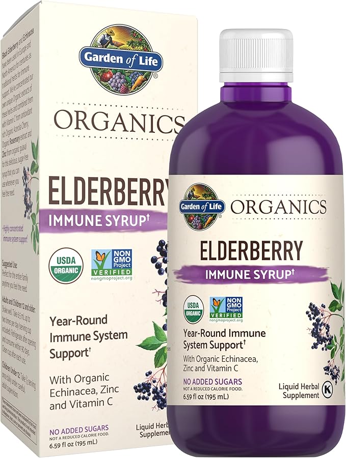 Garden of Life Organics Plant Based Elderberry Immune Syrup 6.59 floz (195 mL) for Kids &amp Adults - Sambucus Echinacea Zinc &amp Vitamin C 0g Sugar Organic Vegan Gluten Free Herbal Supplement