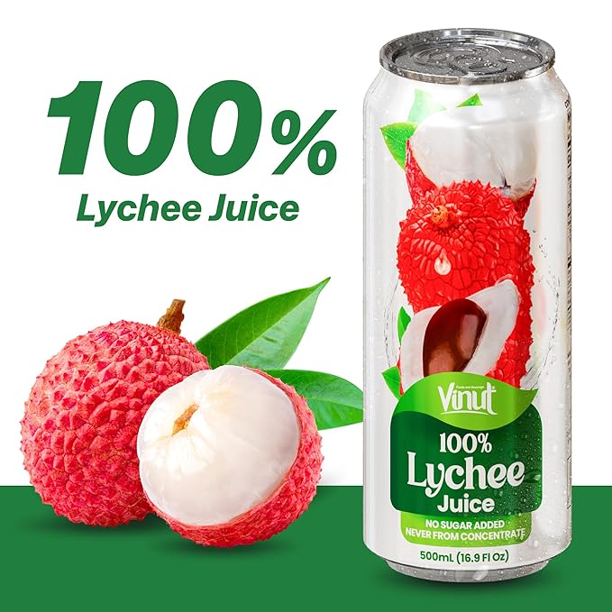 VINUT 100% Lychee Juice No Added Sugar Not From Concentrate 16.9 fl oz (500 mL) Can Pack of 6