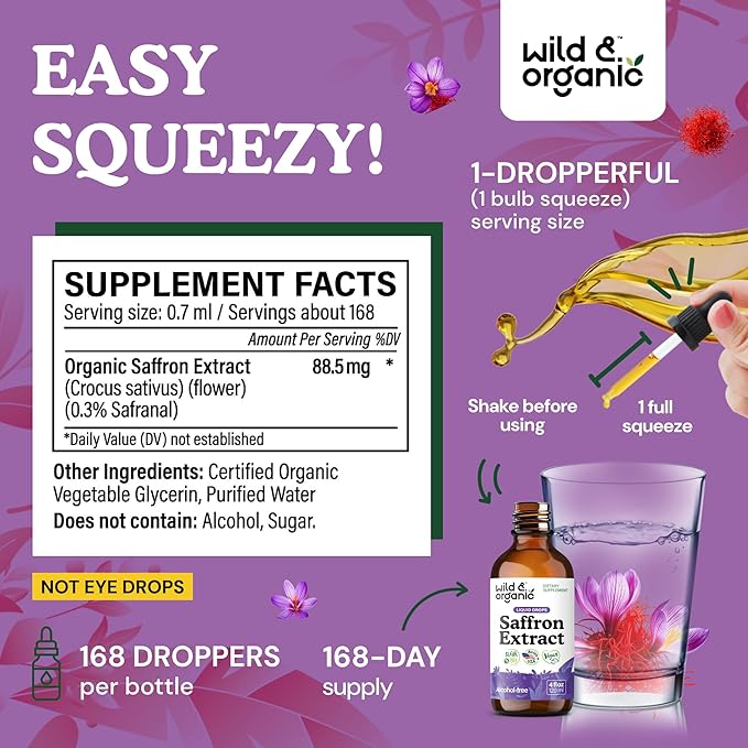 Wild &amp Organic Saffron Supplements 88.5 mg - 5-Month Supply - Saffron Extract Drops for Mood Focus Eye Support - Crocus Sativus Liquid Extract - Vegan Alcohol &amp Sugar-Free Tincture - 4 fl o